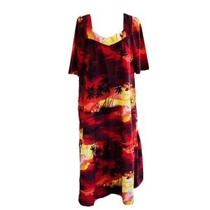 Vtg Hawaiian Maxi Dress XL Muumuu Kaftan Red Orange Sunset Palms Dress Helena’s